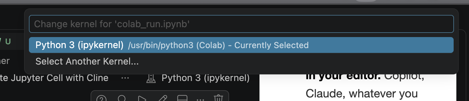 The notebook kernel picker, opened from the top-right corner of a notebook