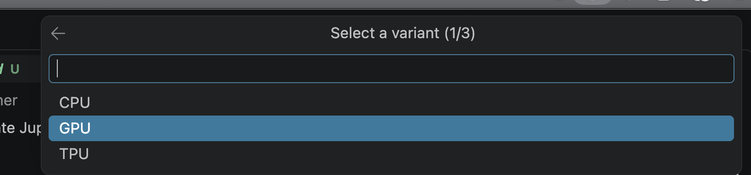 Wizard step 1 of the Colab server setup: select a variant — CPU, GPU, or TPU